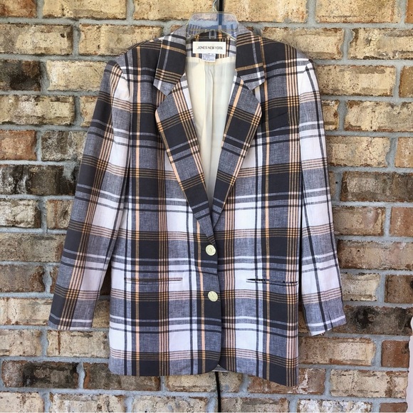 Jones New York Vintage Korea Made Linen Cotton Blend Gray Cream Plaid jacket 8 - Picture 2 of 15